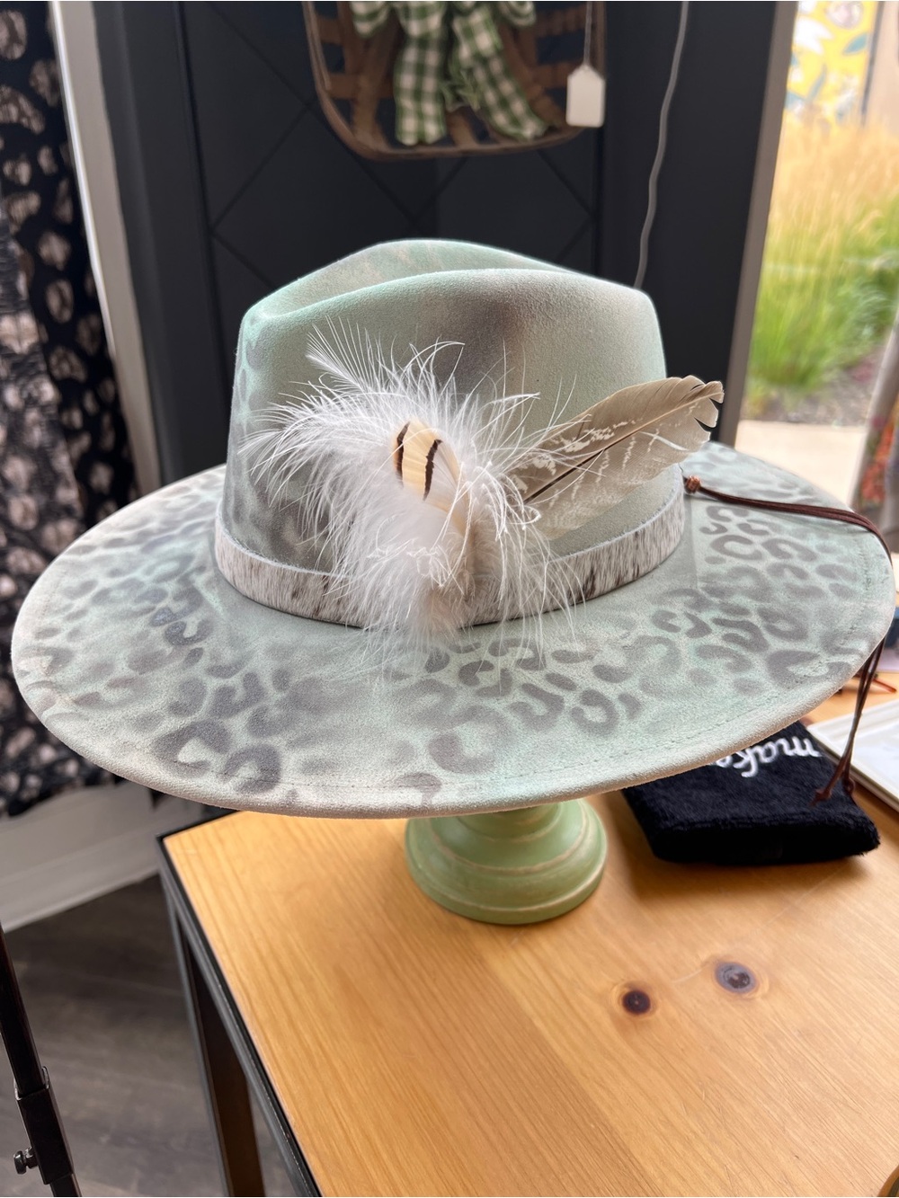 Light Teal Hand Painted Leopard Print Wide-Brim Fedora with Feather Trim
